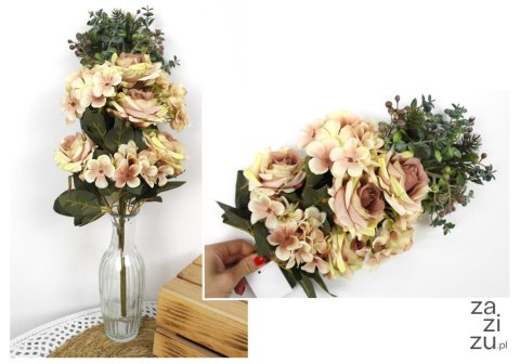 Bukiet RÓŻA (4 kwiaty 8 cm), HORTENSJA (3 kwiaty 12 cm) wys. 47 cm KREMOWO-RÓŻOWA WT-157B Bukiet RÓŻA (4 kwiaty 8 cm), HORTENSJA (3 kwiaty 12 cm) wys. 47 cm KREMOWO-RÓŻOWA WT-157B