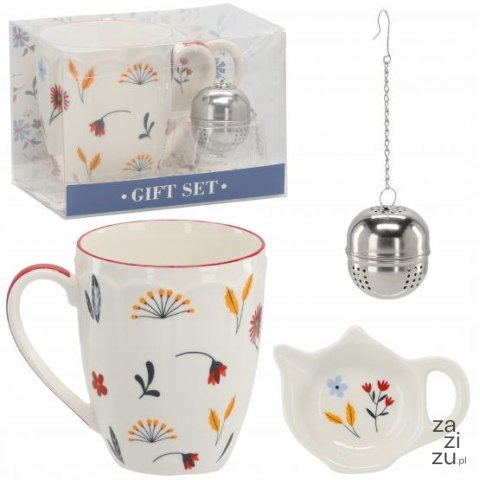 Kpl. kubek porcelanowy 350ml + porcelanowa podstawka + zaparzacz KWIATY Kpl. kubek porcelanowy 350ml + porcelanowa podstawka + zaparzacz KWIATY