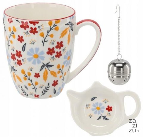 Kpl. kubek porcelanowy 350ml + porcelanowa podstawka + zaparzacz KWIATY Kpl. kubek porcelanowy 350ml + porcelanowa podstawka + zaparzacz KWIATY