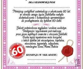 Dyplom certyfikat 60 lat Pani | D75 Dyplom certyfikat 60 lat Pani | D75