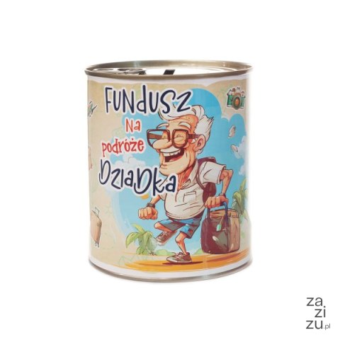 Skarbonka metalowa urodzinowa z napisem "Fundusz na podróże Dziadka" Skarbonka metalowa urodzinowa z napisem "Fundusz na podróże Dziadka"