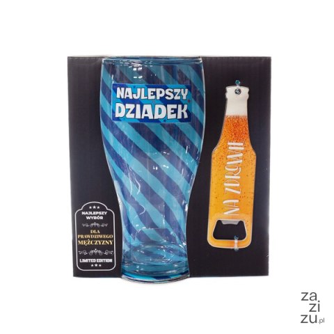 Zestaw 2w1 szklanka do piwa z napisem' Najlepszy Dziadek' z otwieraczem do butelek "Na zdrowie " w ozdobnym opakowaniu prezentow Zestaw 2w1 szklanka do piwa z napisem' Najlepszy Dziadek' z otwieraczem do butelek "Na zdrowie " w ozdobnym opakowaniu prezentow
