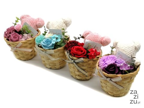 Miś z ręcznika frotte , z kwiatami w koszyczku 10x10x20cm Miś z ręcznika frotte , z kwiatami w koszyczku 10x10x20cm