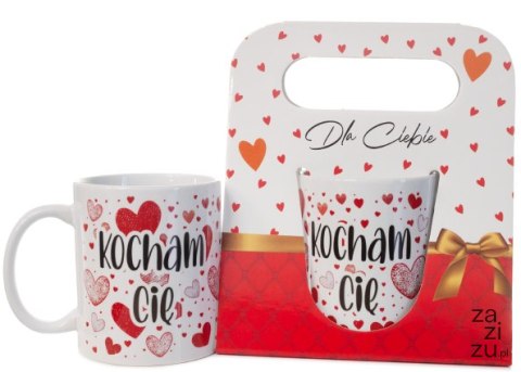 Kubek ceramiczny w ozdobnym opakowaniu z napisem "KOCHAM CIĘ" - serca