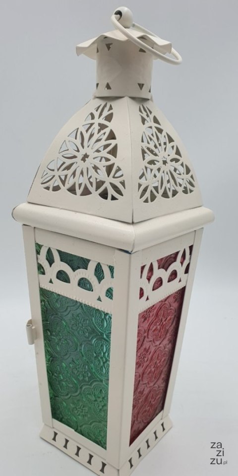 Latarnia metalowa z kolorowymi szybkami biała / czarna 32 cm LAT-16035 Latarnia metalowa z kolorowymi szybkami biała / czarna 32 cm LAT-16035