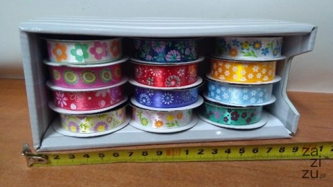 Wstążka satynowa 12szt. 16mmx3m KWIATY | H027 Wstążka satynowa 12szt. 16mmx3m KWIATY | H027