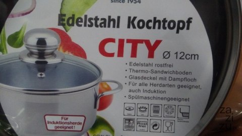 Garnek 0,8l. ze stali nierdzewnej + szklana pokrywka fi-12 CITY Garnek 0,8l. ze stali nierdzewnej + szklana pokrywka fi-12 CITY