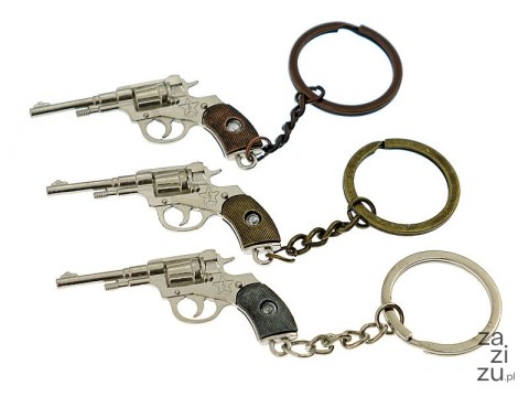 Brelok rewolwer metalowy dł.6cm + zawieszka, karta 12szt Brelok rewolwer metalowy dł.6cm + zawieszka, karta 12szt