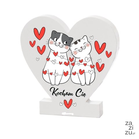 Drewniana tabliczka serce z podstawką wzbogacona lakierem UV z napisem "Kocham Cię" - kotki Drewniana tabliczka serce z podstawką wzbogacona lakierem UV z napisem "Kocham Cię" - kotki