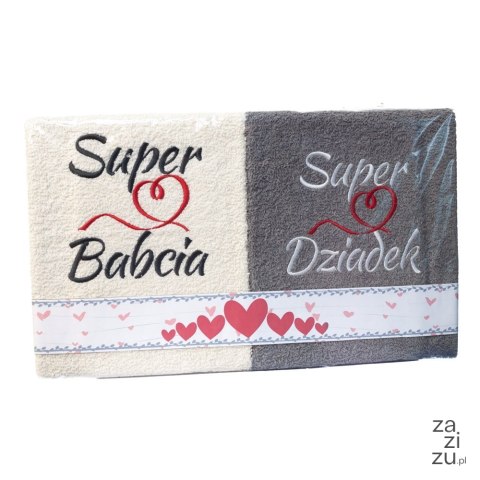 Komplet ręczników "Super Babcia" "Super Dziadek" kolor ecry -szary Komplet ręczników "Super Babcia" "Super Dziadek" kolor ecry -szary