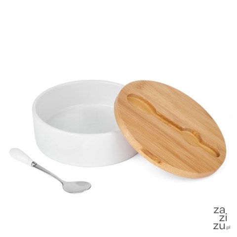 Cukiernica ceramiczna z bambusową pokrywką i łyżeczką Tadar 400 ml biała Cukiernica ceramiczna z bambusową pokrywką i łyżeczką Tadar 400 ml biała