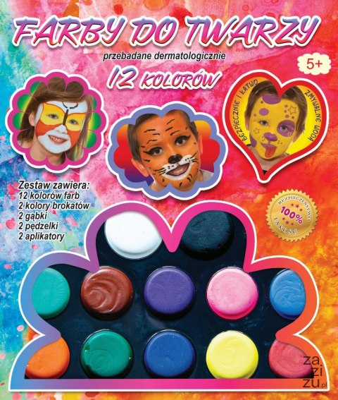 Fabry do malowania twarzy, 12 kolorów + brokat + gąbka + pędziel FA012 Fabry do malowania twarzy, 12 kolorów + brokat + gąbka + pędziel FA012