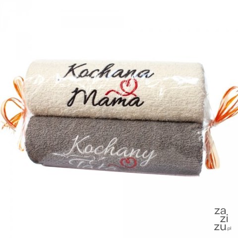 Ręczniki ecru i szary cukierek z haftem "Kochana Mama Kochany Tata " Ręczniki ecru i szary cukierek z haftem "Kochana Mama Kochany Tata "