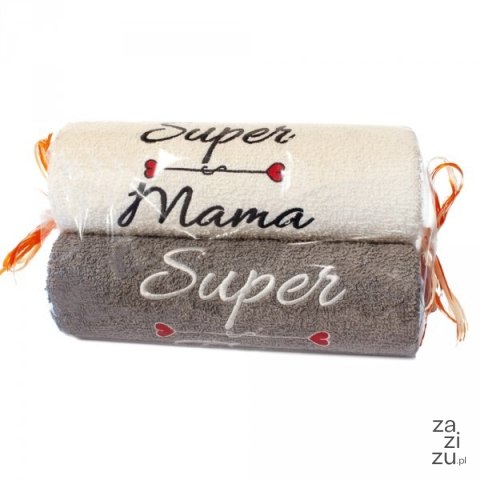 Ręczniki ecru i szary cukierek z haftem "Super Mama Super Tata " Ręczniki ecru i szary cukierek z haftem "Super Mama Super Tata "