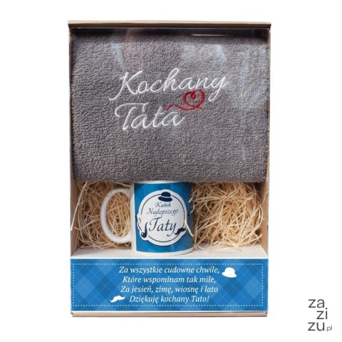 Zestaw prezentowy szary z ręcznikiem "Kochany tata " i kubek mix w ozdobnym opakowaniu Zestaw prezentowy szary z ręcznikiem "Kochany tata " i kubek mix w ozdobnym opakowaniu
