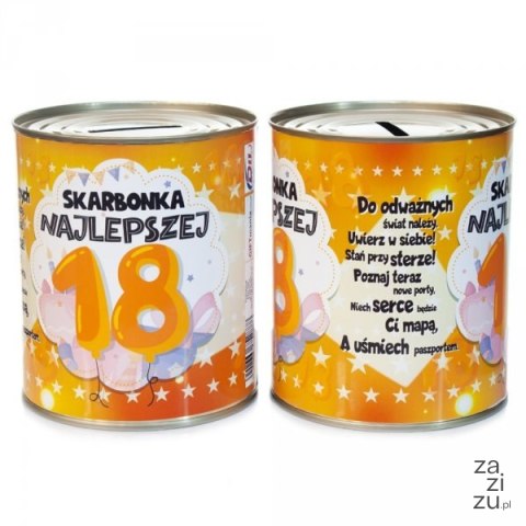 Skarbonka metalowa urodzinowa z napisem "Skarbonka Najlepszej 18"