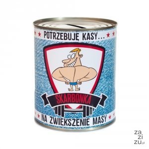 Skarbonka metalowa puszka z napisem "Potrzebuje kasy.. na zwiększenie masy" Skarbonka metalowa puszka z napisem "Potrzebuje kasy.. na zwiększenie masy"