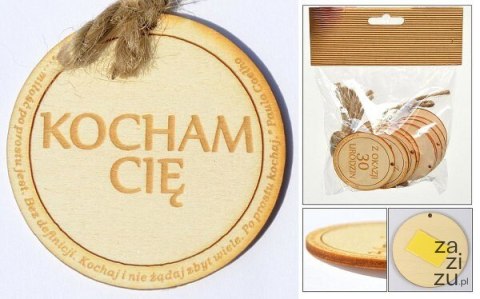 Zawieszka drewniana lub do przyklejenia z tekstem "Kocham Cię " 10 szt. OZD-24 Zawieszka drewniana lub do przyklejenia z tekstem "Kocham Cię " 10 szt. OZD-24