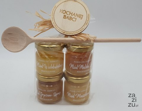 Zestaw dla babci - 3 miody+łyżka+tabliczka Zestaw dla babci - 3 miody+łyżka+tabliczka