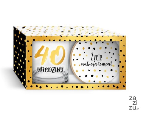 Komplet ZŁOTE KROPKI szklanka 270ml + podkładka - 40 urodziny - Życie nabiera tempa! Komplet ZŁOTE KROPKI szklanka 270ml + podkładka - 40 urodziny - Życie nabiera tempa!