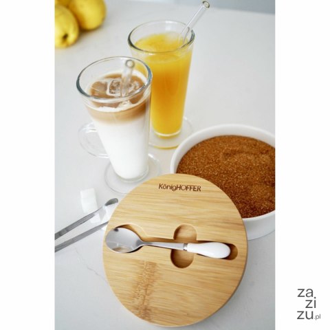 Cukiernica porcelanowa z bambusową pokrywką i łyżeczką Konighoffer 14,5 x 5 cm biała Cukiernica porcelanowa z bambusową pokrywką i łyżeczką Konighoffer 14,5 x 5 cm biała