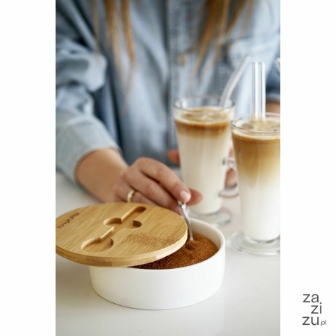 Cukiernica porcelanowa z bambusową pokrywką i łyżeczką Konighoffer 14,5 x 5 cm biała Cukiernica porcelanowa z bambusową pokrywką i łyżeczką Konighoffer 14,5 x 5 cm biała