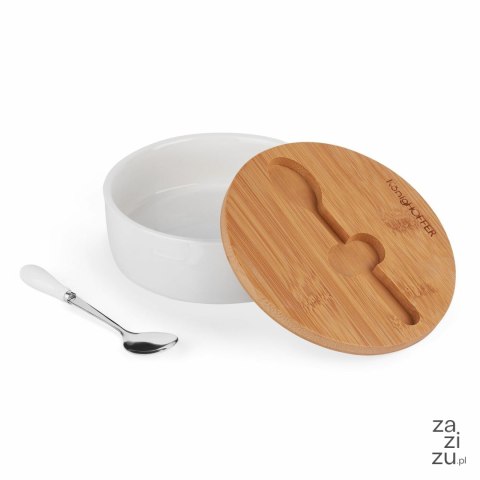Cukiernica porcelanowa z bambusową pokrywką i łyżeczką Konighoffer 14,5 x 5 cm biała Cukiernica porcelanowa z bambusową pokrywką i łyżeczką Konighoffer 14,5 x 5 cm biała