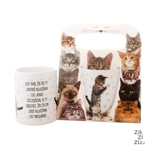 Kubek ceramiczny w opakowaniu z napisem "Kot wie, że to ty jesteś kluczem..." Kubek ceramiczny w opakowaniu z napisem "Kot wie, że to ty jesteś kluczem..."