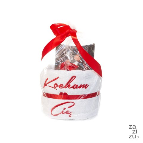 Ręcznik biały z haftem "Kocham Cię" + czekolada Ręcznik biały z haftem "Kocham Cię" + czekolada