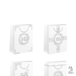 Torebki na prezenty 15x20cm komunijne IHS biało-srebrne małe 12szt. mix 132067