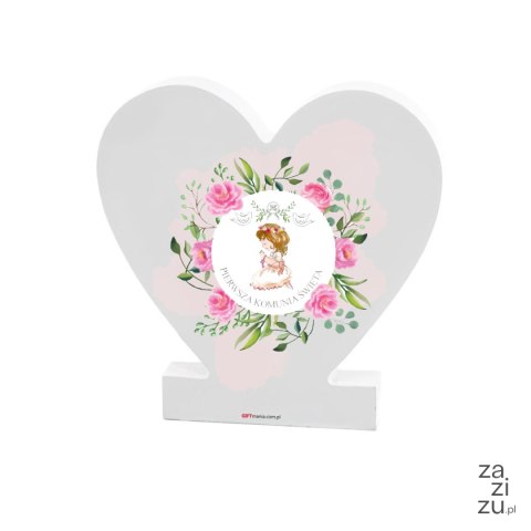 Drewniana tabliczka serce z podstawką "Pierwsza Komunia Święta" - dziewczynka 11x11x1,5 cm Drewniana tabliczka serce z podstawką "Pierwsza Komunia Święta" - dziewczynka 11x11x1,5 cm