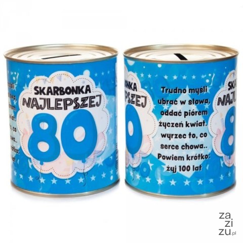 Skarbonka metalowa urodzinowa z napisem "Skarbonka Najlepszej 80"