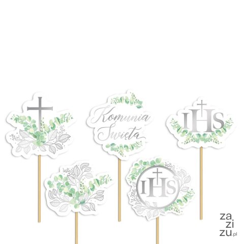 Toppery na tort komunijny Eukaliptus srebrny 5szt. zestaw 132005 Toppery na tort komunijny Eukaliptus srebrny 5szt. zestaw 132005