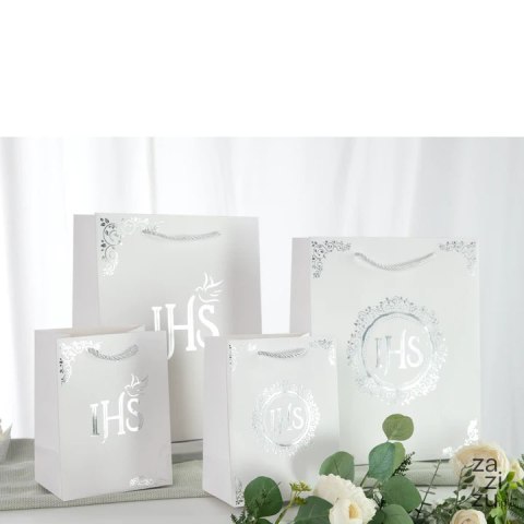 Torebki na prezenty 15x20cm komunijne IHS biało-srebrne małe 12szt. mix 132067 Torebki na prezenty 15x20cm komunijne IHS biało-srebrne małe 12szt. mix 132067
