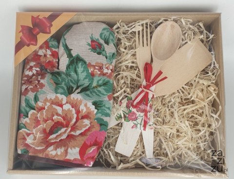 Zestaw rękawica + sztućce drewniane kwiaty 36 x 28 cm. | P1426P Zestaw rękawica + sztućce drewniane kwiaty 36 x 28 cm. | P1426P