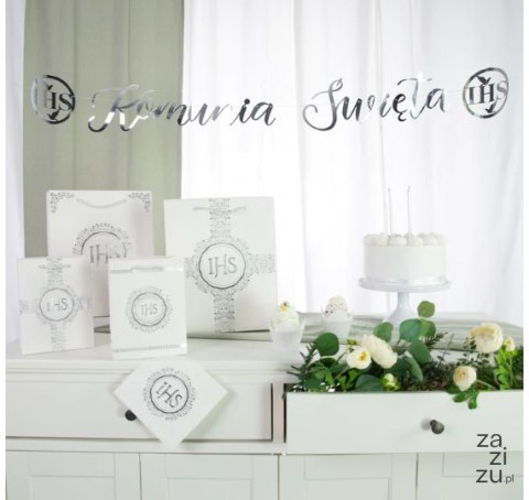 Baner komunijny Komunia Święta IHS srebrny 150cm Baner komunijny Komunia Święta IHS srebrny 150cm