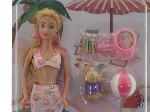Lalka 29cm na plaży z zabawkami dmuchanymi; 32x22x4,5cm Lalka 29cm na plaży z zabawkami dmuchanymi; 32x22x4,5cm
