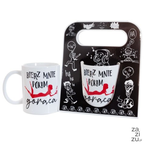 Kubek ceramiczny z napisem " Bierz mnie pókim gorąca" , w ozdobnym czarnym opakowaniu Kubek ceramiczny z napisem " Bierz mnie pókim gorąca" , w ozdobnym czarnym opakowaniu