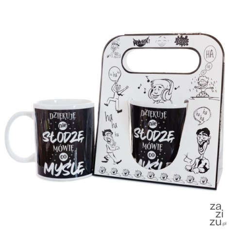 Kubek ceramiczny z napisem "Dziękuję nie słodzę mówię co myślę" kolor czarny w ozdobnym białym opakowaniu Kubek ceramiczny z napisem "Dziękuję nie słodzę mówię co myślę" kolor czarny w ozdobnym białym opakowaniu