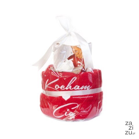 Ręcznik czerwony z haftem "Kocham Cię" + słodycze Ręcznik czerwony z haftem "Kocham Cię" + słodycze
