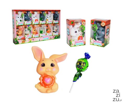Zajączek gumowy piszczka + lizak z gumą do żucia RABBIT FAMILY+LOLLIPOP 12 szt.