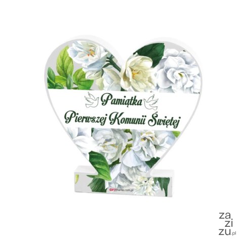 Drewniana tabliczka serce z podstawką wzbogacona lakierem UV z napisem "Pierwsza Komunia Święta" Drewniana tabliczka serce z podstawką wzbogacona lakierem UV z napisem "Pierwsza Komunia Święta"