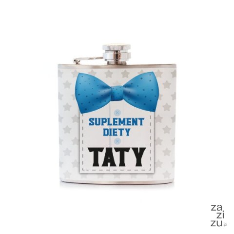 Piersiówka ze stali nierdzewnej z napisem "Suplement diety Taty" 180 ml Piersiówka ze stali nierdzewnej z napisem "Suplement diety Taty" 180 ml